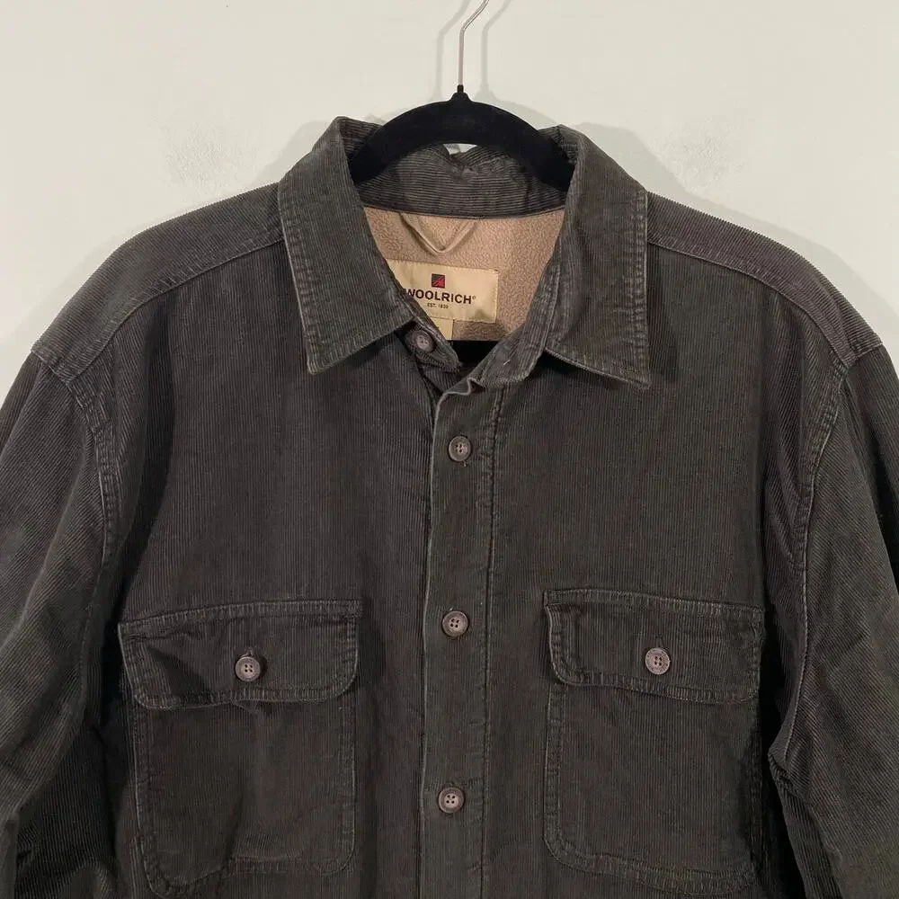 Woolrich Men Dark Green Corduroy Sherpa Lined Shirt Jacket Chore Barn Coat Sz L